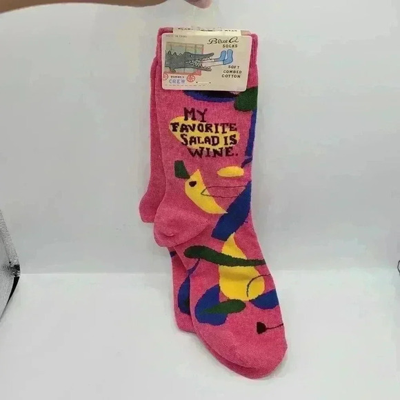 BLUE Q MY FAVORITE SALAD IS WINE WOMEN'S SIZE 5 - 10 CREW SOCKS PINK BLUE YELLOW - Picture 11 of 12